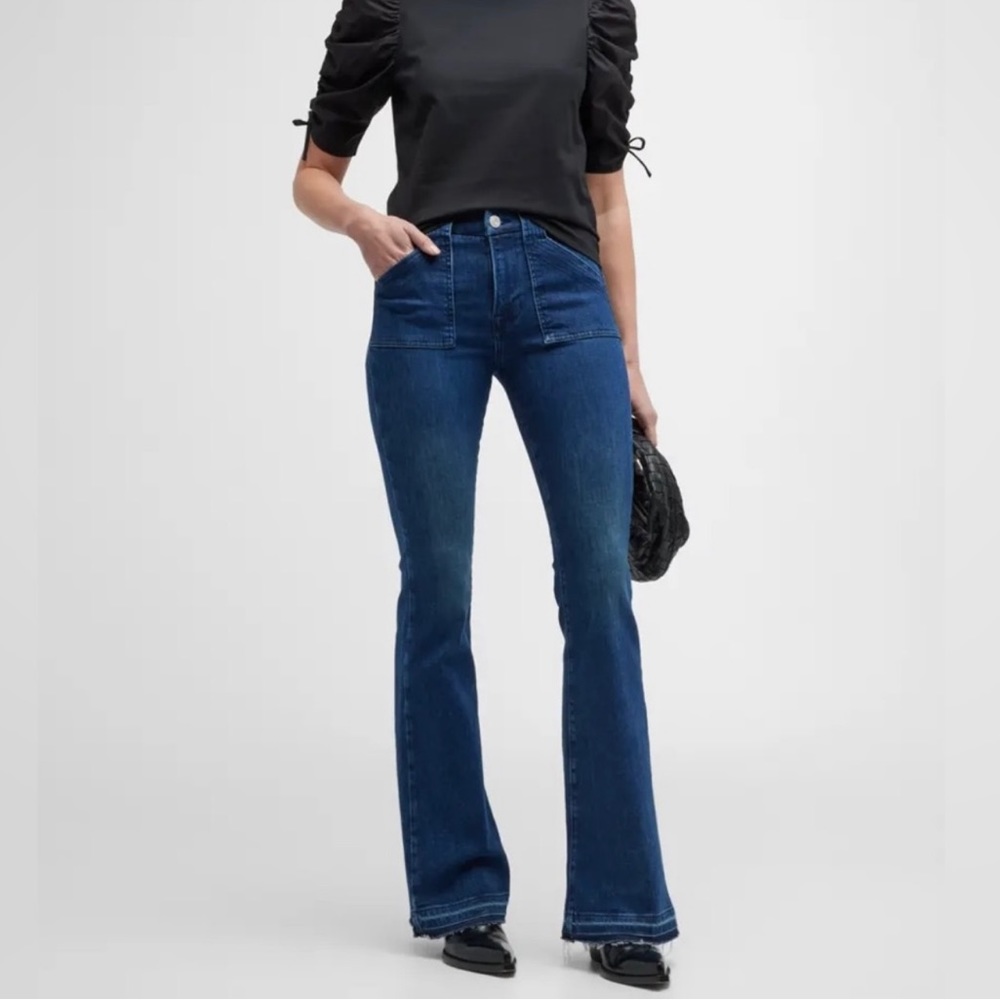 FRAME Le High Flare Jeans IN DARK WASH BLUE size 32 high rise boho patchwork